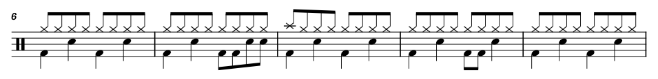 Primer sistema de la partitura de batería de Ghostbusters (versión fácil), de Ray Parker, Jr.