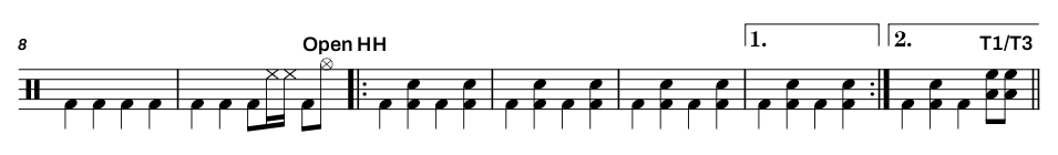 Primer sistema de la partitura de batería de Gossip (versión fácil), de Måneskin, Tom Morello
